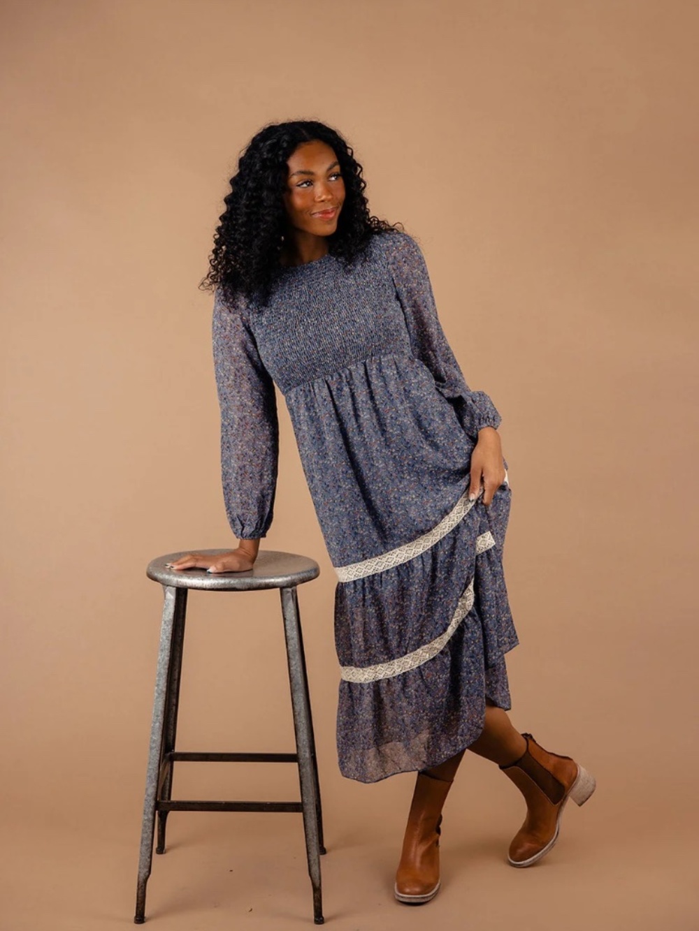 Roolee Blue Floral Midi Dress with Lace Trim